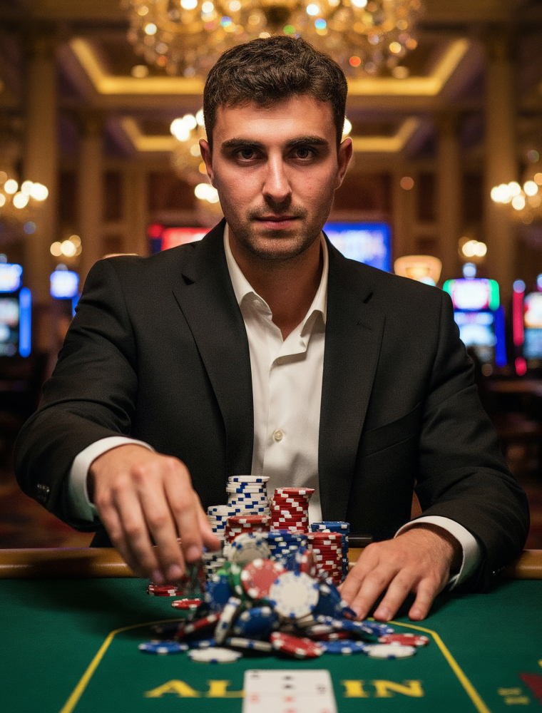 Plano medio de persona con una pila de fichas de casino frente a él