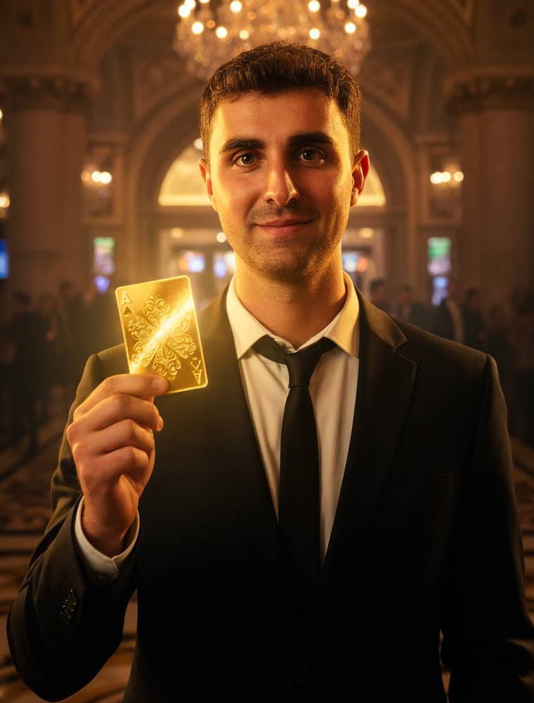 Plano medio de persona sosteniendo una carta dorada de un as
