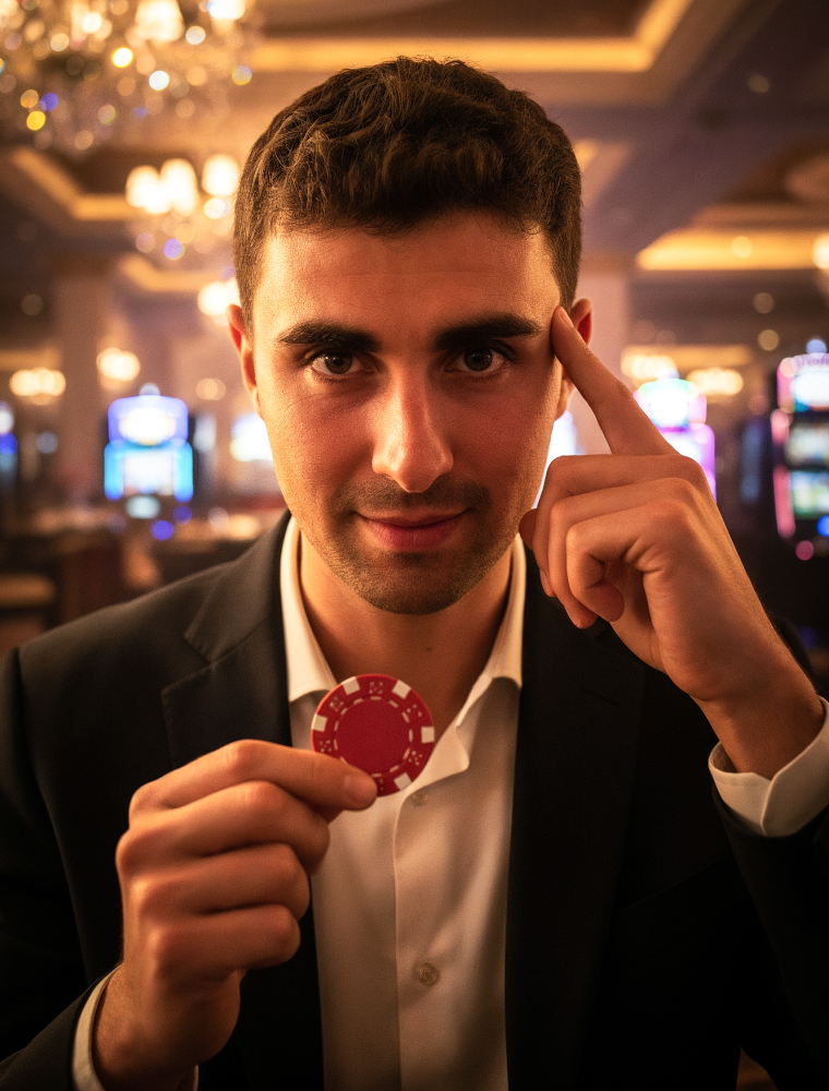 Plano medio de persona sosteniendo una ficha de casino y señalando su sien.
