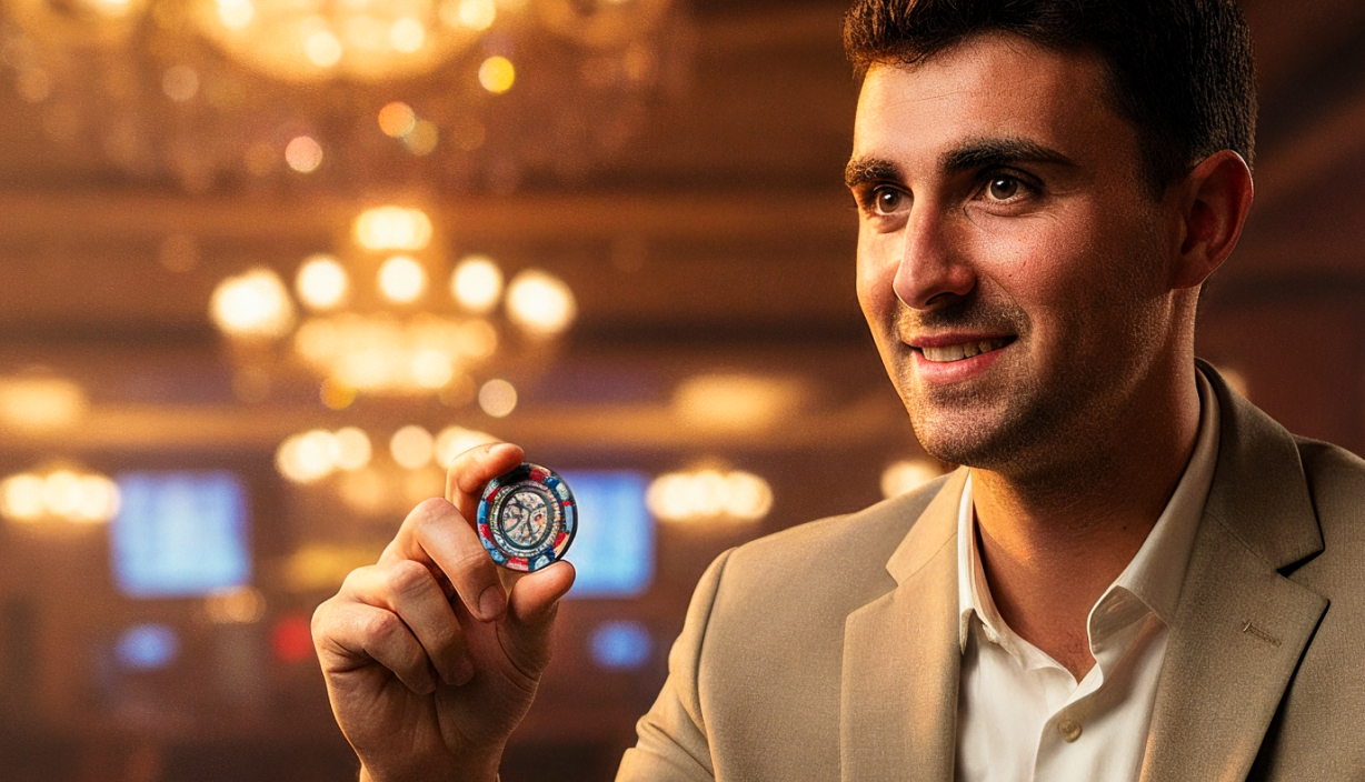 Plano medio de persona sosteniendo una ficha de casino en su mano