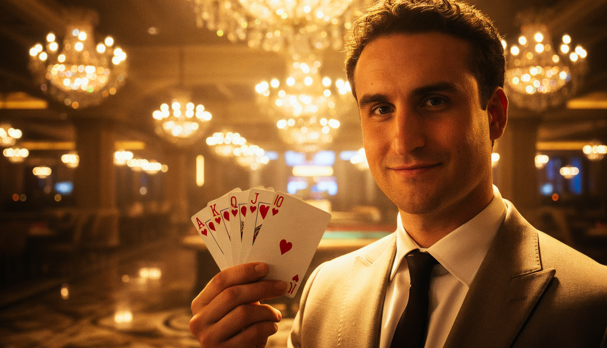 Plano medio de persona sosteniendo cinco cartas de póker con un royal flush.